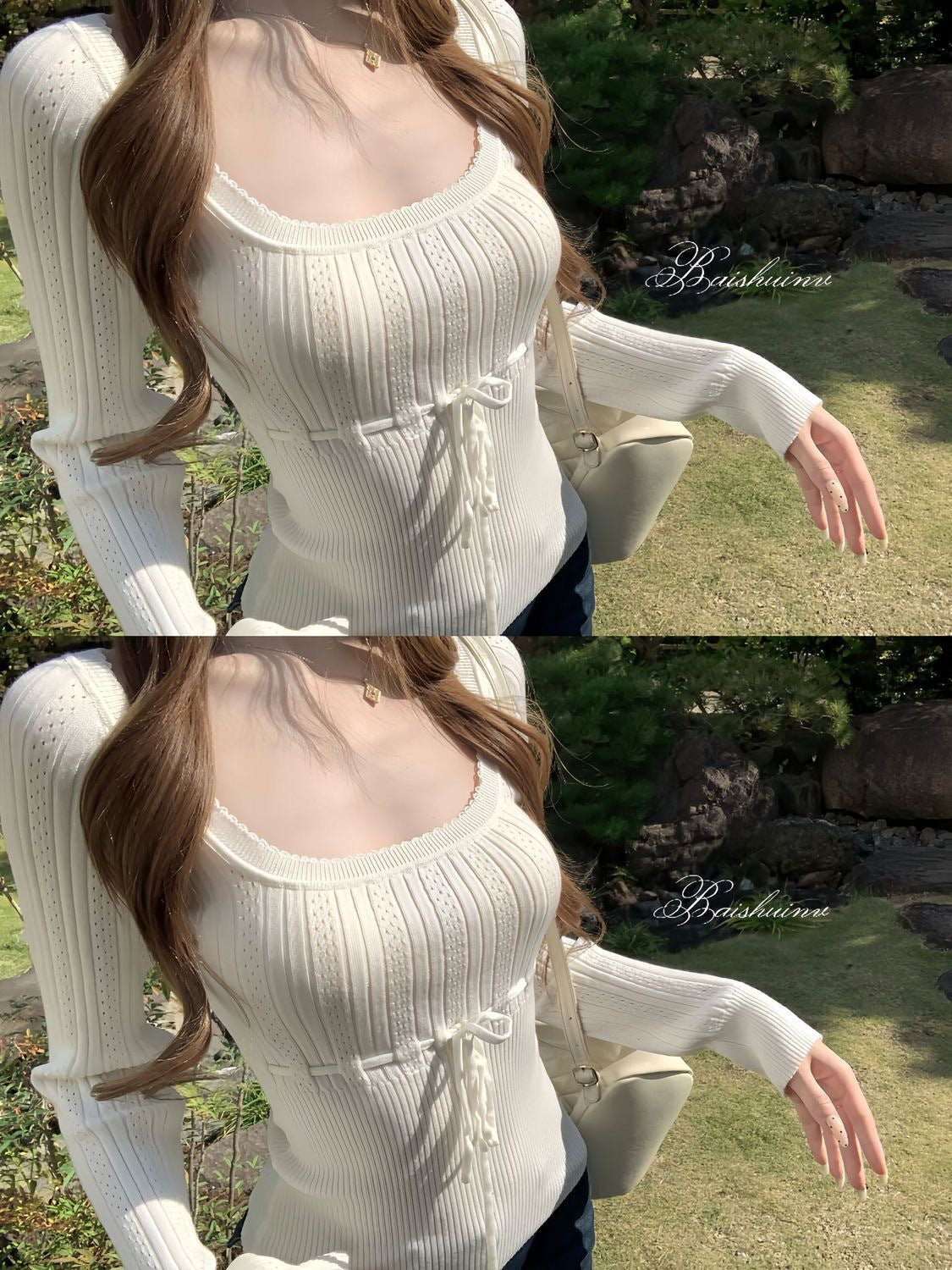 Women's U-Neck Tie-Front Textured Knit Sweater