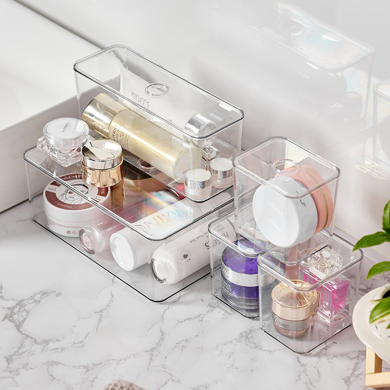 Stackable Transparent Cosmetic Storage Box with Lid for Desktop