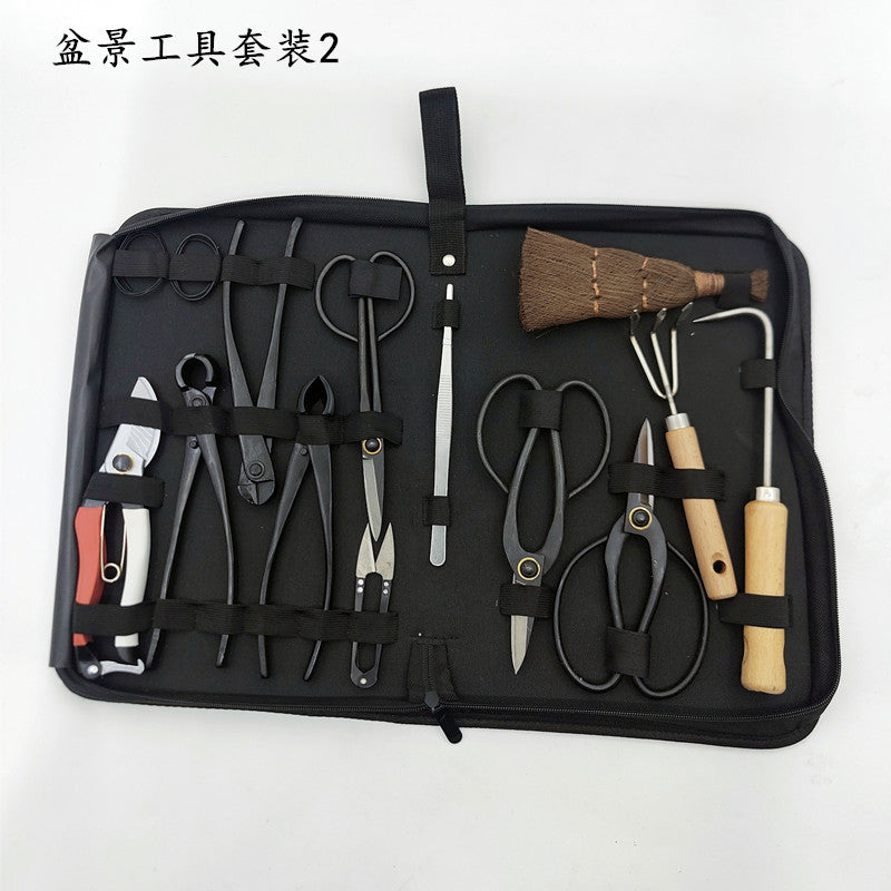 Bonsai Tool Set with Leather Case, Knob Cutter, Pruning Shears, Concave Cutter, Root Hook, Rake, and Bud Shears