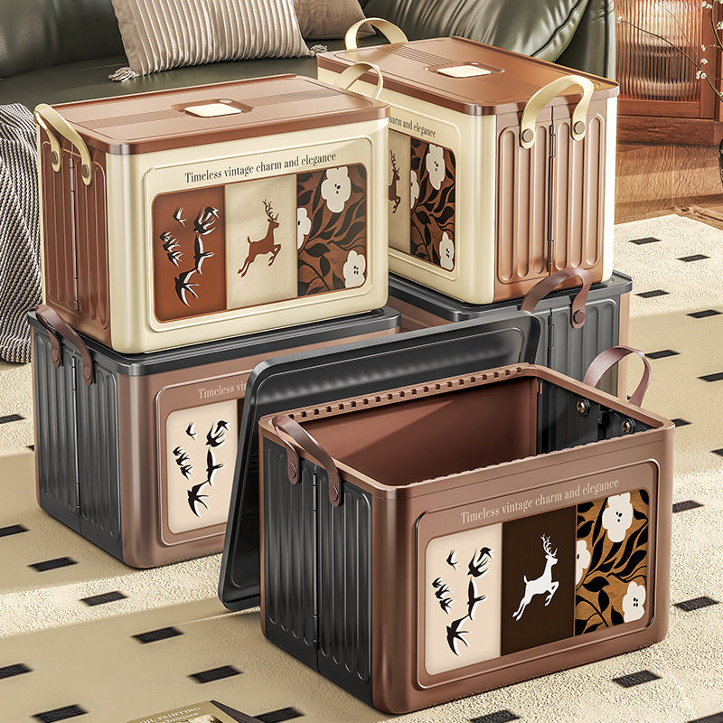 Vintage Style Foldable Storage Box with Lid for Clothes and Snacks, Large Capacity Organizer for Home Bedroom Wardrobe