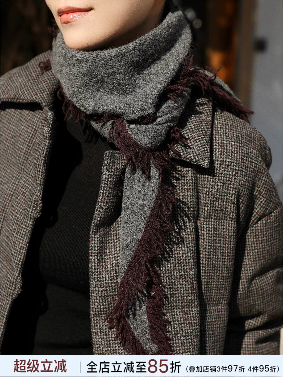 Zhouzhou Wool Blend Tassel Triangle Scarf Shawl for Women - Vintage Style Knitted Winter Fashion
