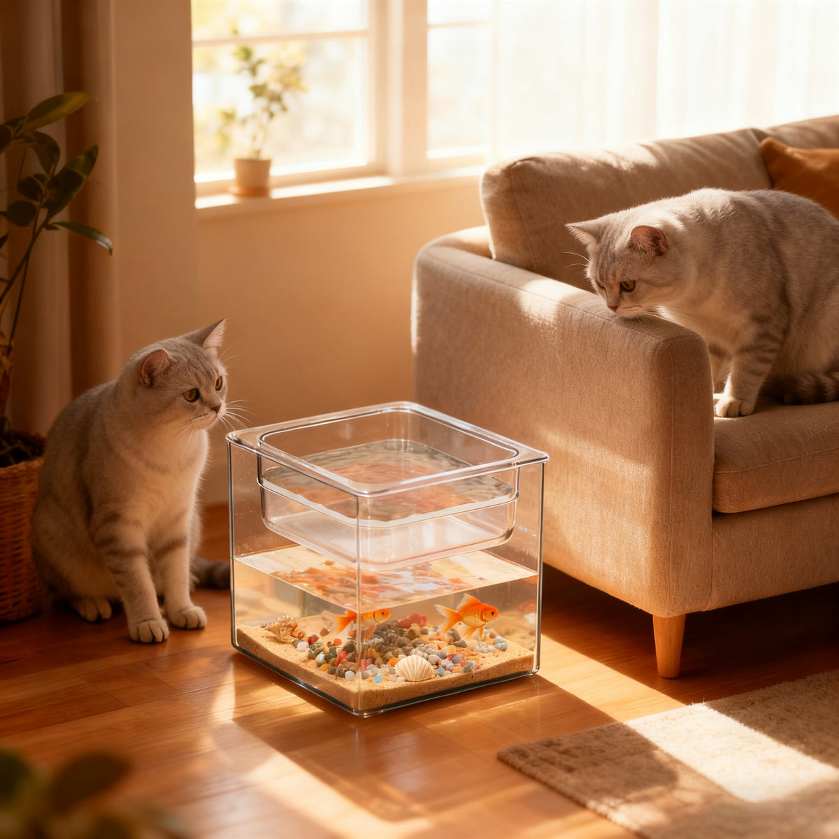 Deceptive Cat Drinking Bowl with Micro-Landscape Fish Tank, Large Capacity Double-Layer Pet Water Dispenser for Cats