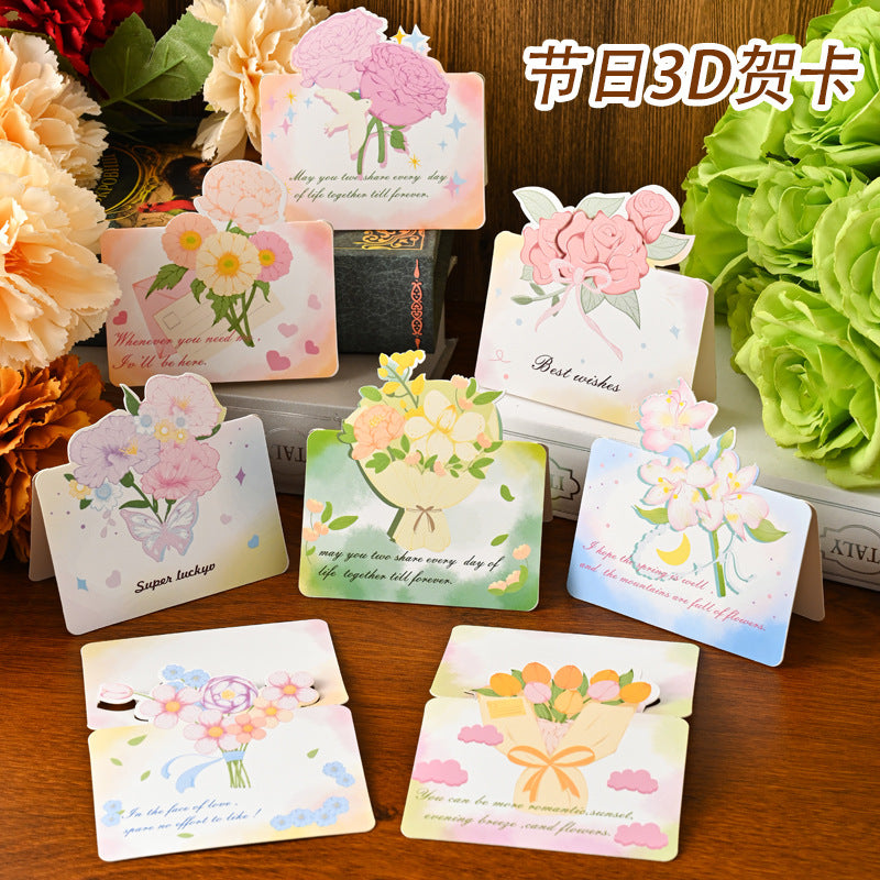 3D Floral Bouquet Greeting Cards for Thanksgiving and Festivals, Hand-Painted Rose Decorative Message Cards