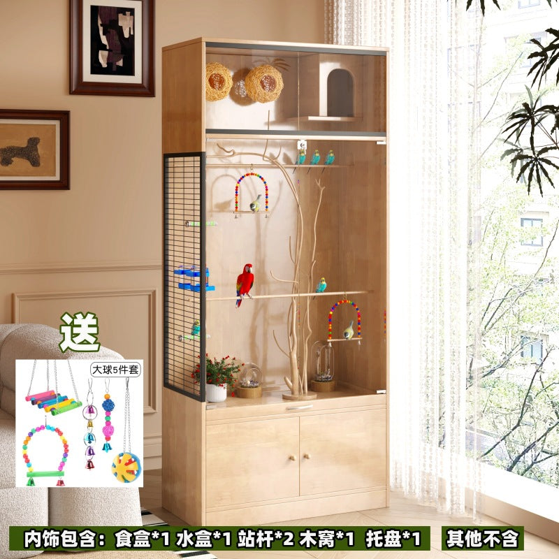 Large Solid Wood Parrot Bird Cage with Transparent Glass Breeding Box - Spacious Bird Villa for Parrots and Small Birds