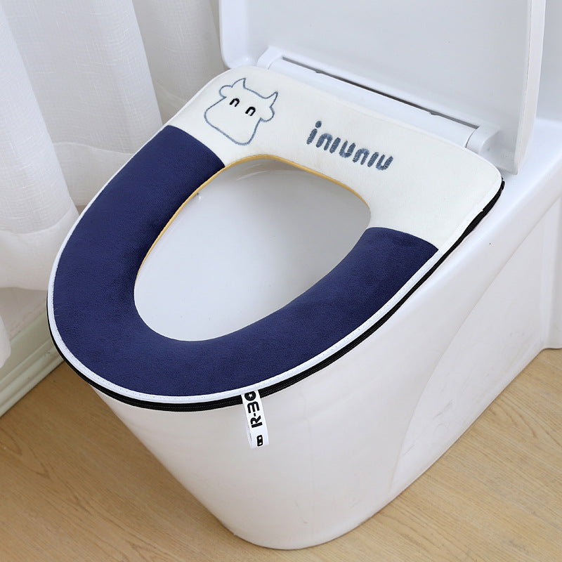 Embroidered Animal Toilet Seat Cover, Thickened Coral Fleece Zipper Warm Toilet Seat, Washable Fabric for Winter Bathroom Decor