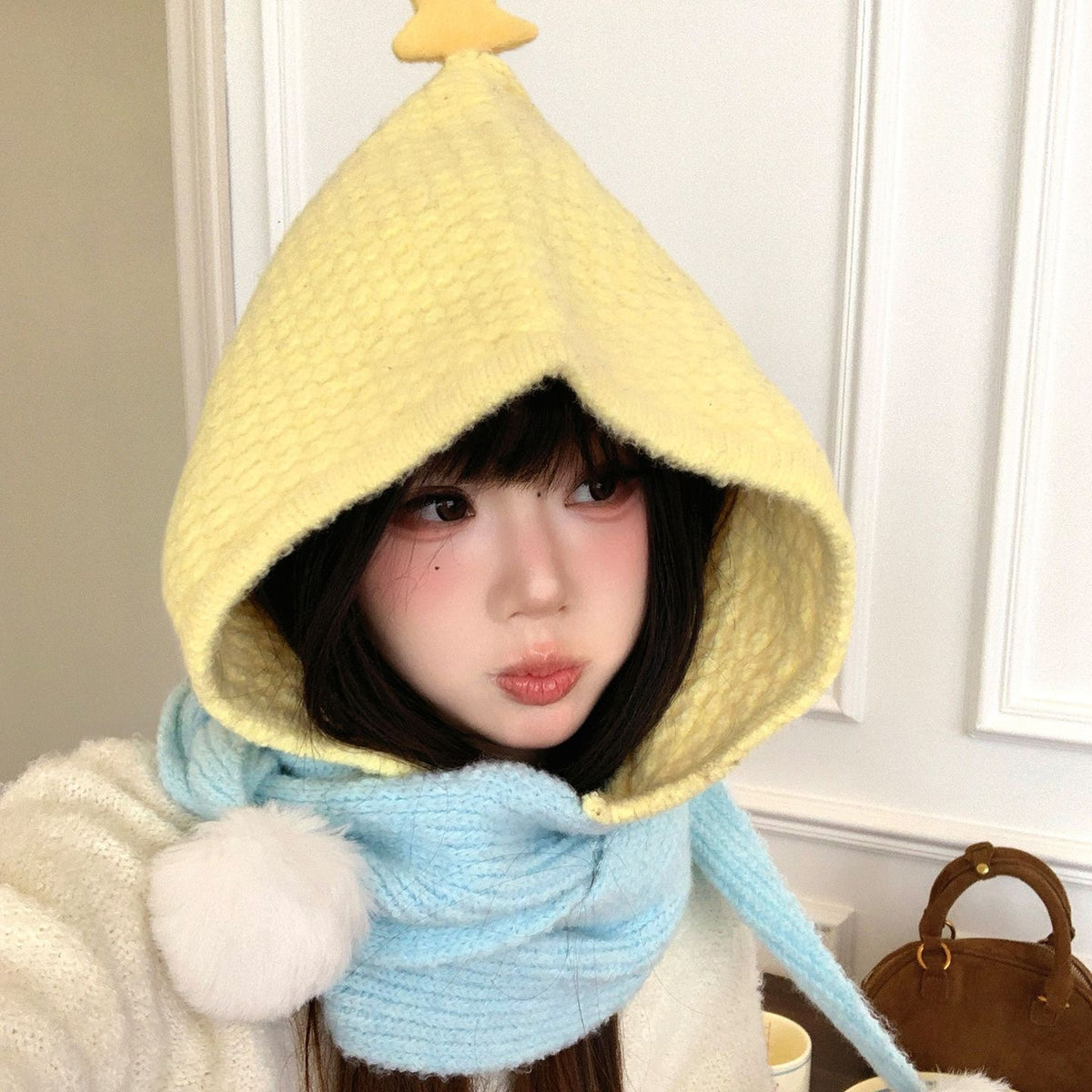 Knitted Star Balaclava Scarf Hat for Women, Winter Warm Hooded Scarf