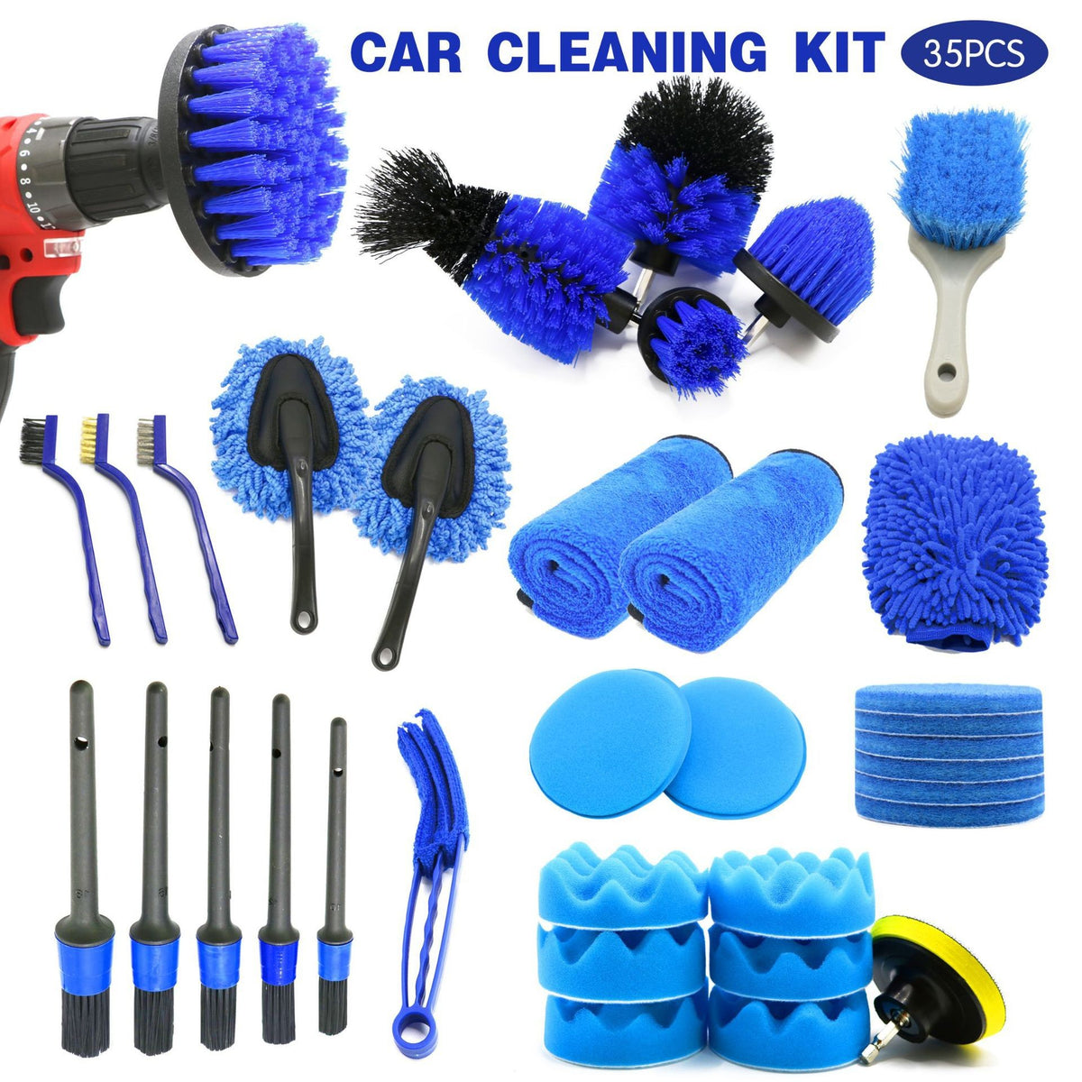 35-Piece Car Cleaning and Detailing Kit with Drill Brushes and Polishing Pads