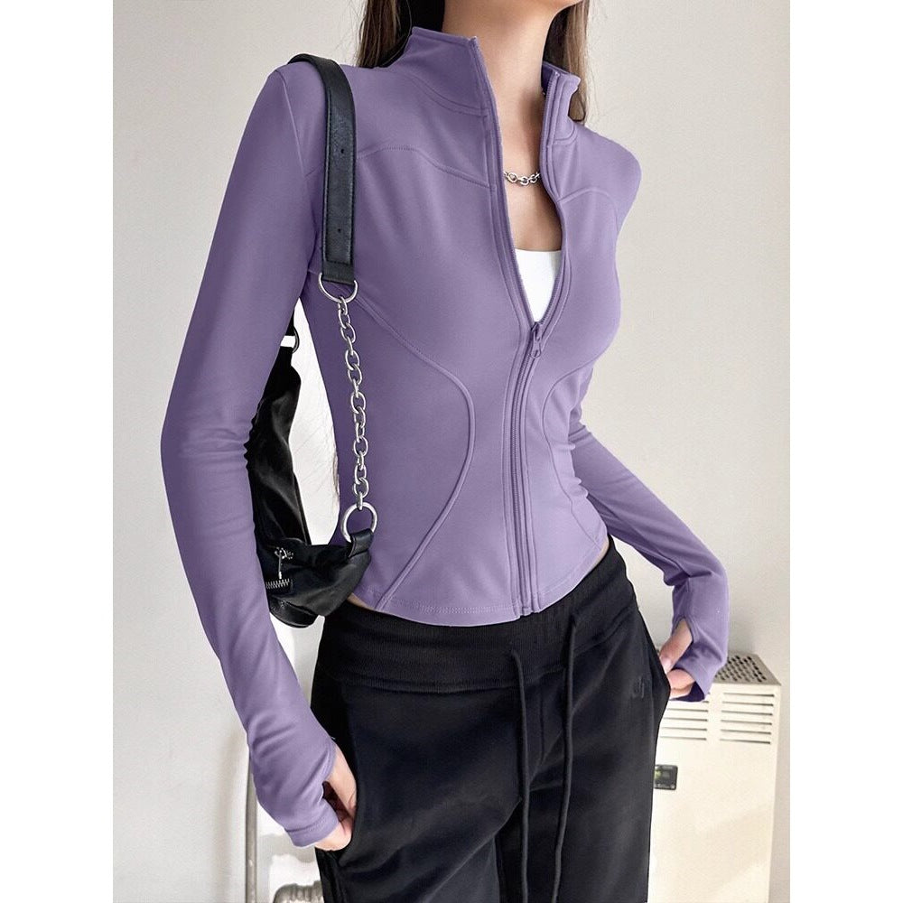 Women's UV Protection Running Jacket with Zipper, Stand Collar, and Slim Fit