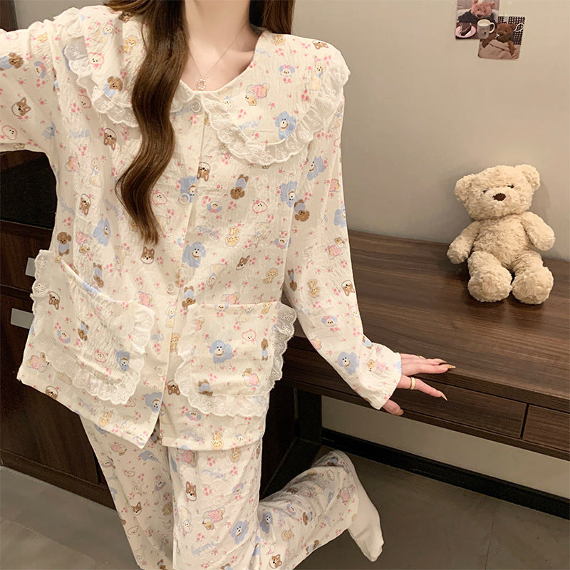 Women's Long Sleeve Cloud Cotton Pajama Set with Ruffled Peter Pan Collar