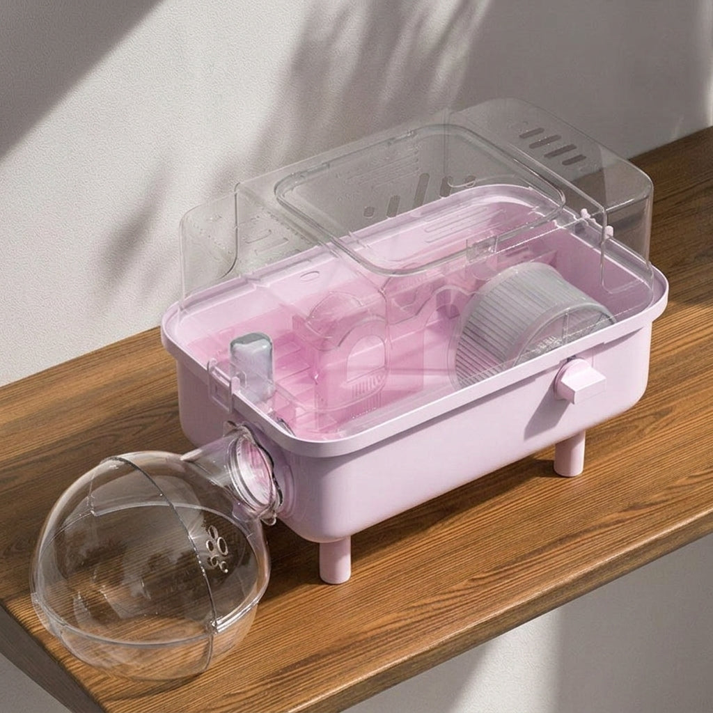 Portable Hamster Cage with Handle, 2-Level Habitat and Cage for Small Animals, Square Shape Transparent Travel Case for Outdoor Use or Indoor Use