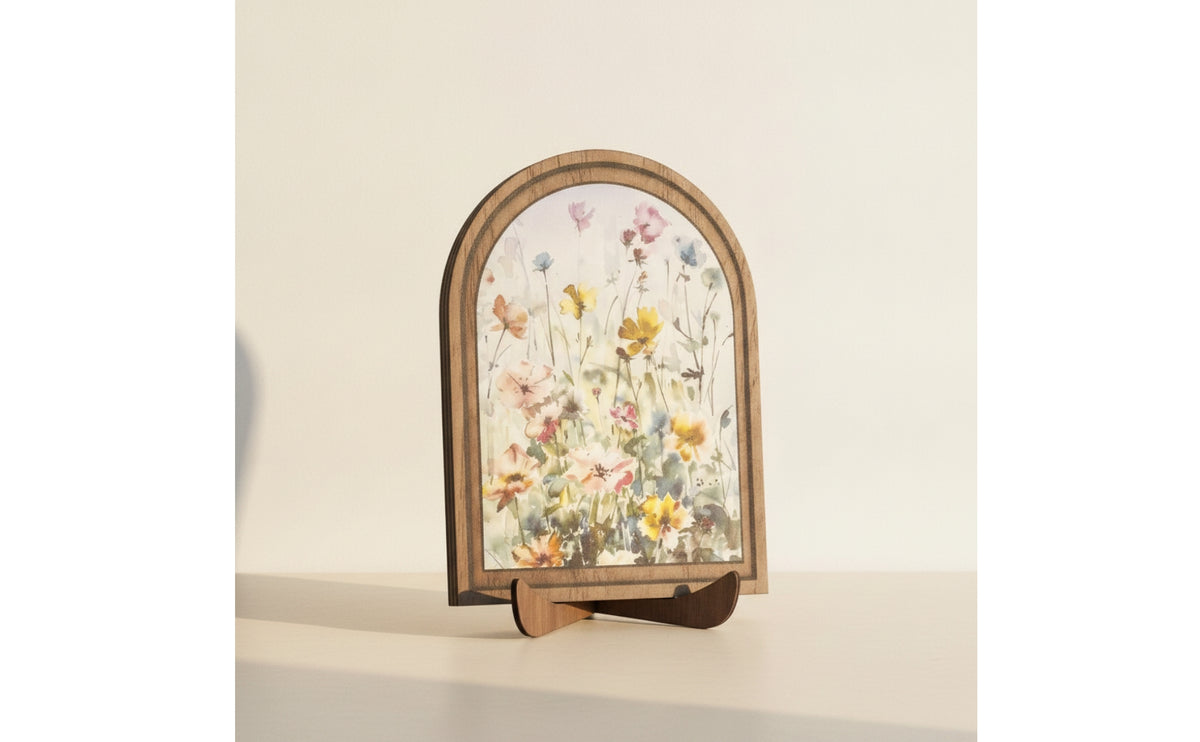 Wood Frame Plaque with Floral Print Freestanding Arched Table Decor Watercolor Tabletop Sign for Shelf, Mantel, Desk