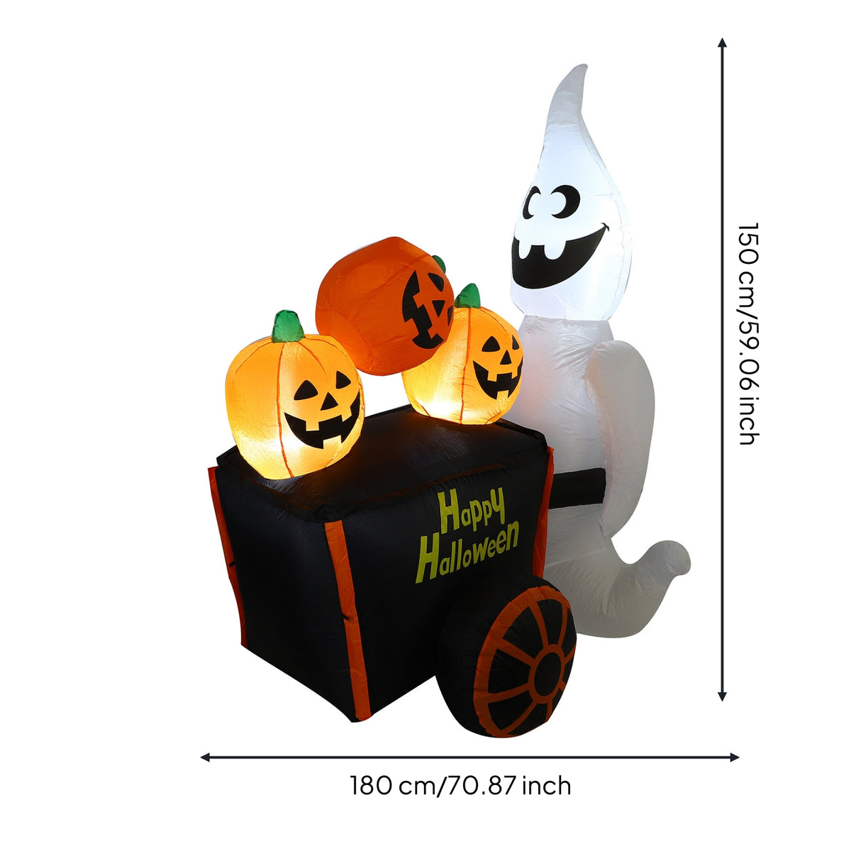 Inflatable Specter with Pumpkin Cart Water Resistant Inflatable Halloween Decoration LED Inflate Yard Decoration for Lawn