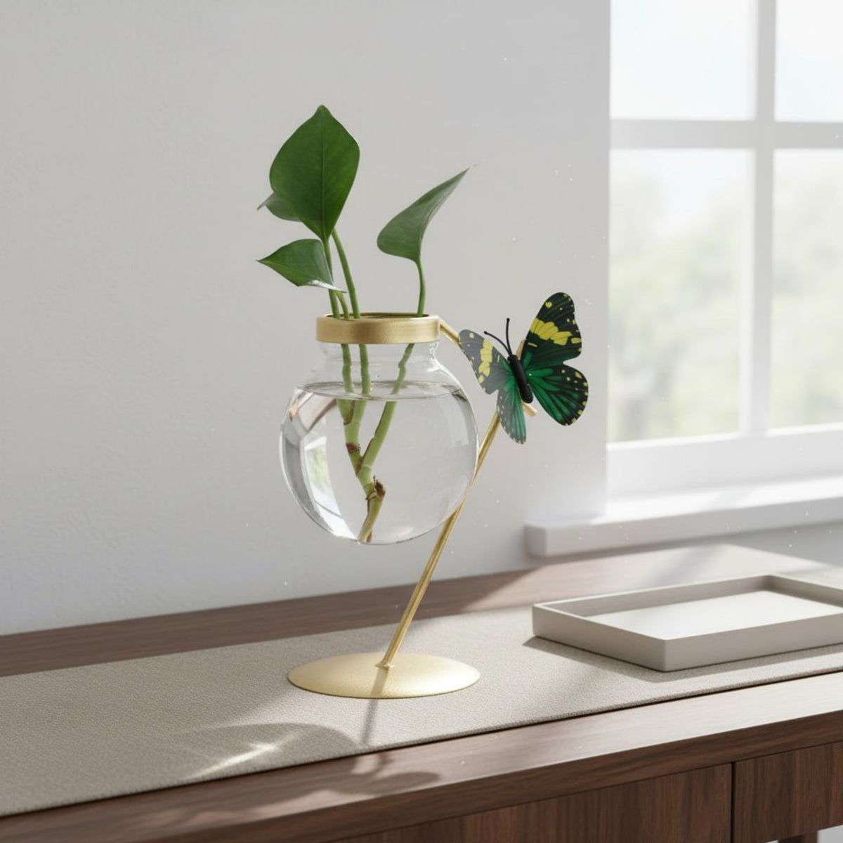 Water-Based Glass Vase Minimalist Design Wrought Iron Glass Planter Visible Underground Part Growth Tabletop Water-Based Vase for Beginners
