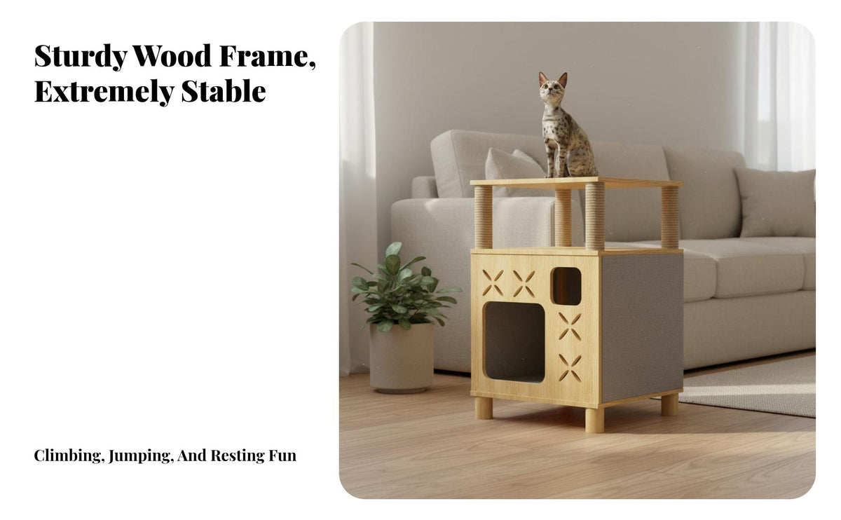 Solid Wood Construction Wooden Cat Tree Transparent Space Capsule Multi-Level Cat Tree Stable and Sturdy for Apartment Dwellers, Indoors, Small Areas, Living Room, Bedroom