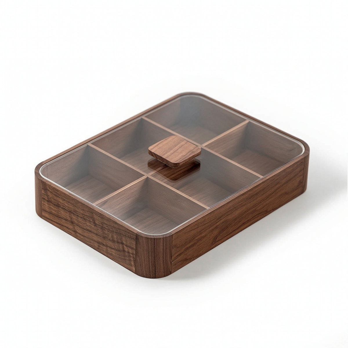 Wooden Snack Box with Glass Lid Multi-Compartment Divided Snack Box Clear Serving Tray with Glass Lid for Tea Table