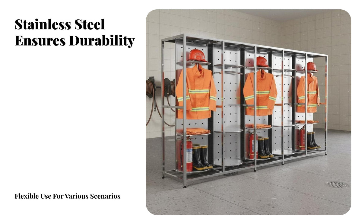 Stainless Steel Fire Suit Stand Heavy Duty Firefighter Gear Rack Silent Casters Rotating Turnout Gear Locker for Training Centers, Industrial Plants