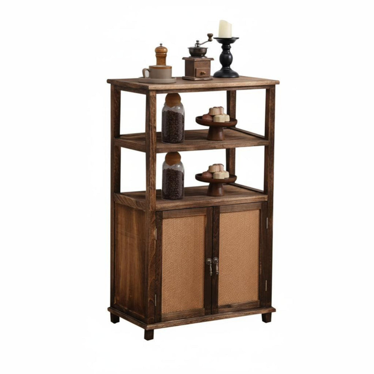 Rattan Door Cupboard Sturdy Wood Frame 2-Door Rattan Chest Vintage Design Multifunctional for Renters, Bedroom, Entryway