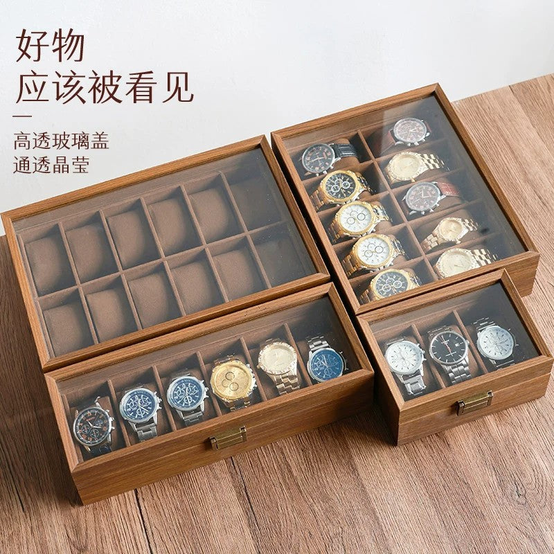Premium Watch Storage Box with Walnut Wood Grain and Glass Lid
