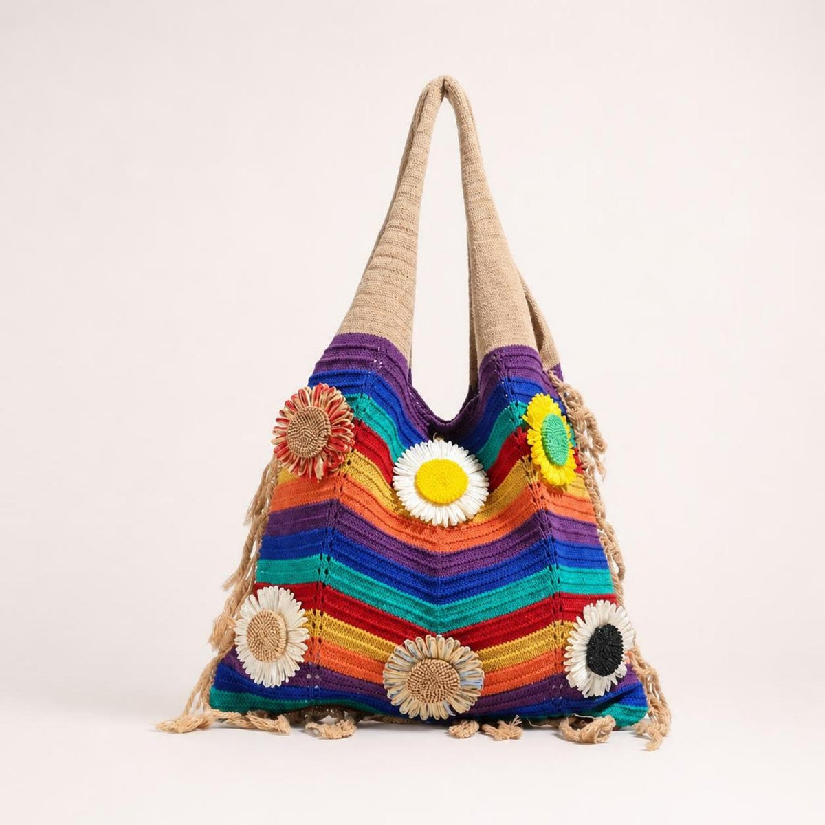 Boho Knitted Shoulder Bag | Rainbow, knitted bag with Flowers, for Summer