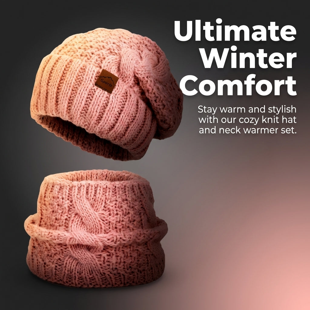 Women Beanie Hats for Winter Outdoor Warmth with Ear Protection, Knit Scarf Set in Acrylic for Cold Weather, Foldable 2-Piece Combo