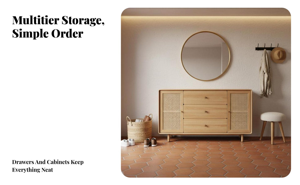 Japandi design Rattan Door Console Minimalist Design Arched Rattan Door Console Wood Grain Finish Sideboard Multi-Purpose for Homeowners, Adults, Renters, Living Room, Entryway, Hallway, Bedroom