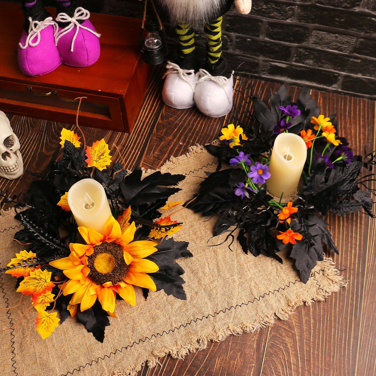 Halloween Candle Wreath with Artificial Sunflowers for Table Decor