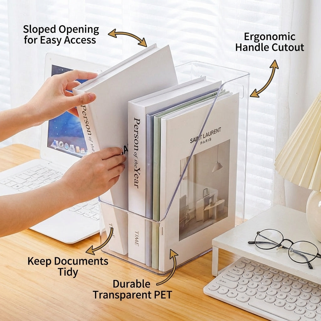 Desk Storage Organizer Box for Students, Clear Transparent Desktop File Open Top Book PET Construction