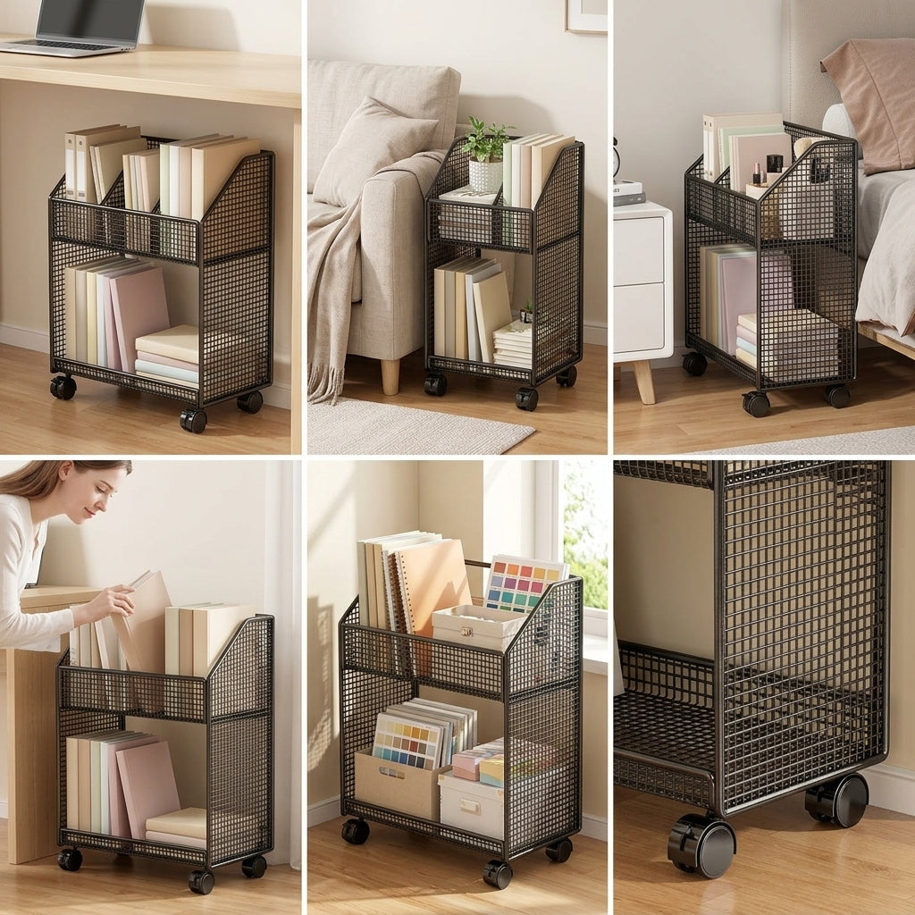 Under-Desk Storage Shelf with Wheels, Mobile Bookshelf for Office or Study, Multi-layer Organizer for Books and Bags