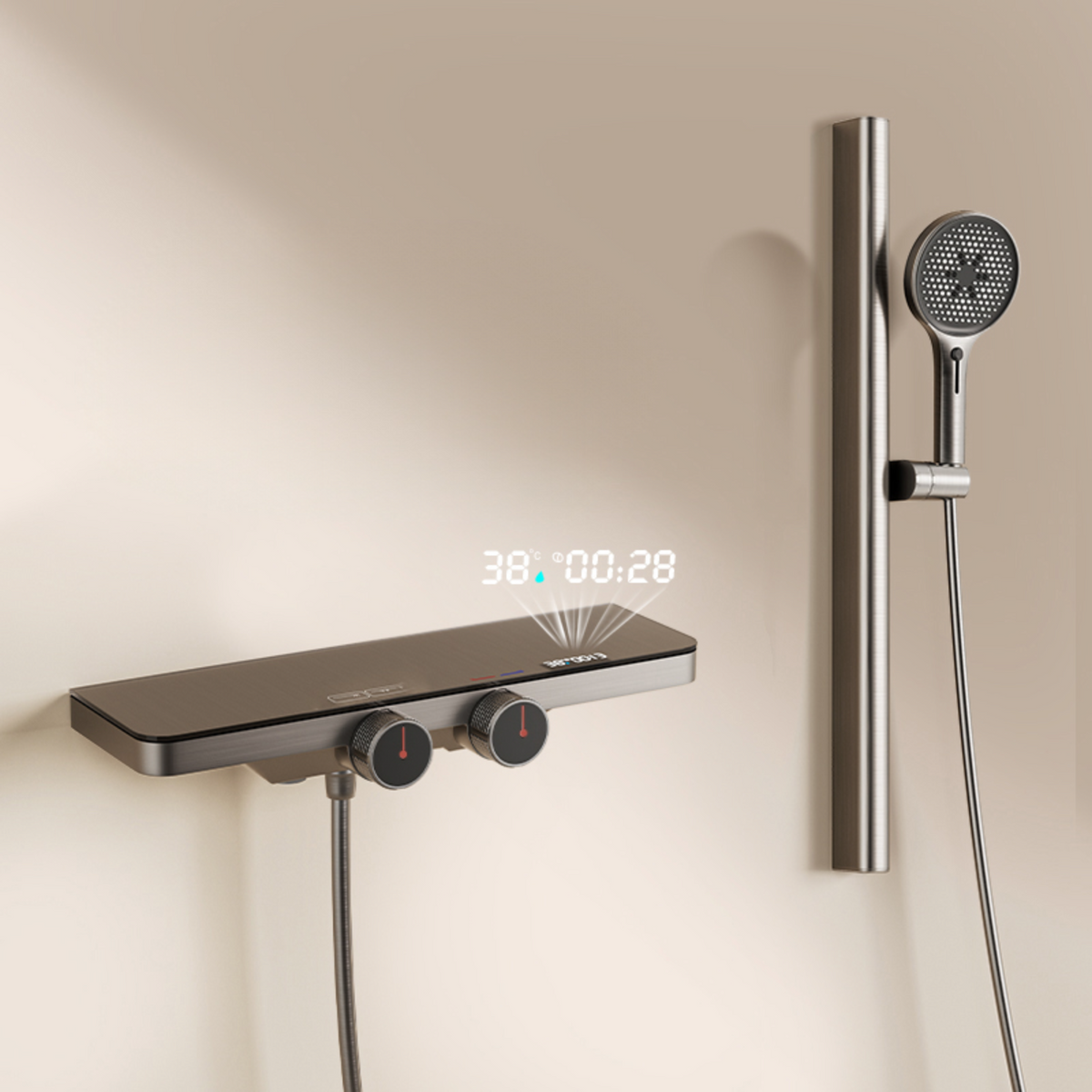 Brass shower faucet, temp control.