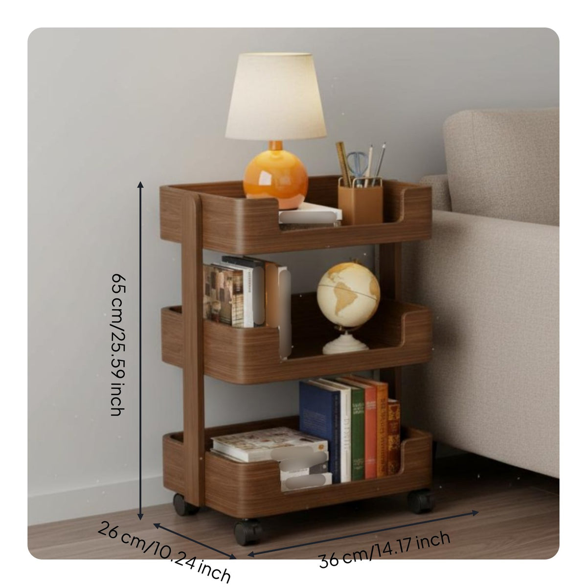 Mobile Bookshelf Large Capacity Mobile Storage Shelves Open Design Solid Wood Storage Trolley for Bedroom, Office