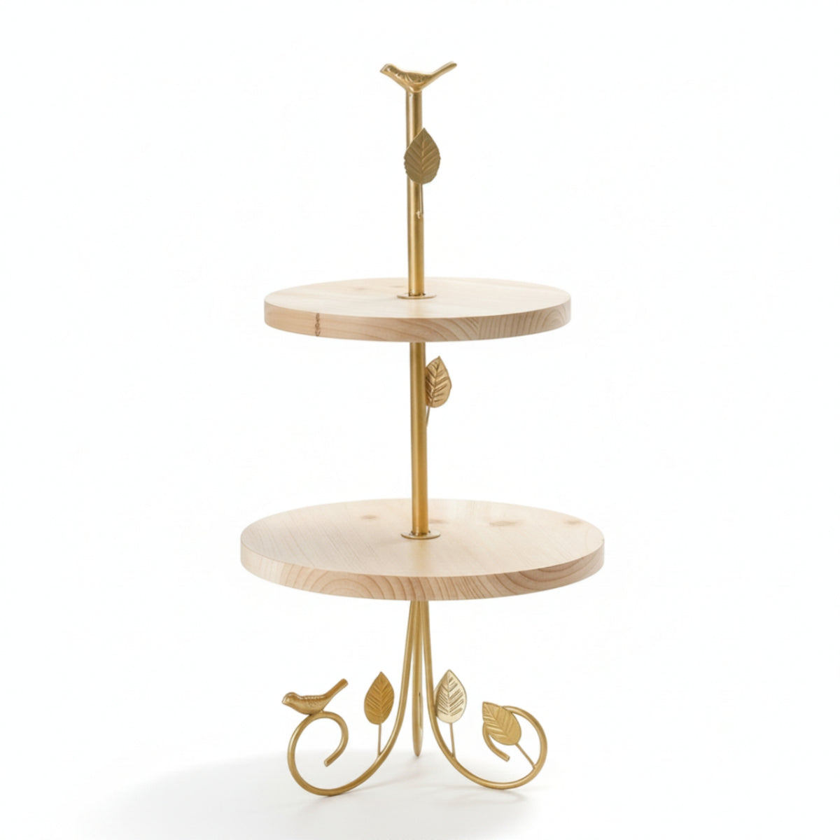 Two-Tier Dessert Stand Gold-Tone Cupcake Holder Stand Wooden Shelves Rustic for Home Cooks, Cafes