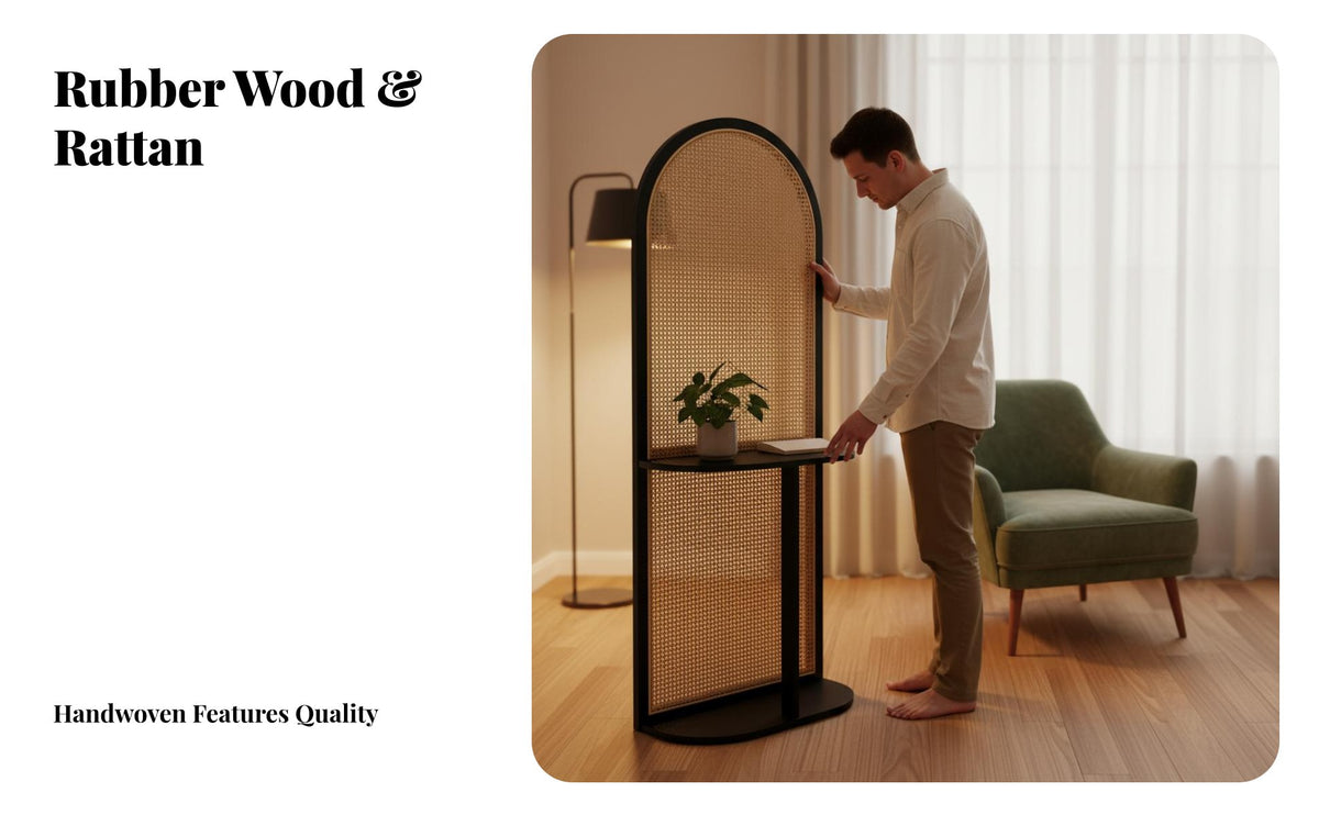 Retro Design Rattan Divider with Shelves Multi-Functional Arched Rattan Screen with Shelves Freestanding Storage Shelf Exposed Shelving for Apartment Dwellers, Interior Designers, Telecommute Workers, Entryway, Bedroom