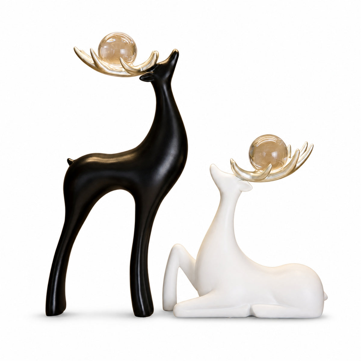 2 Pieces Deer Statues with Sphere Ceramic Deer Figurines Minimalist Resting Statue for Bookshelf