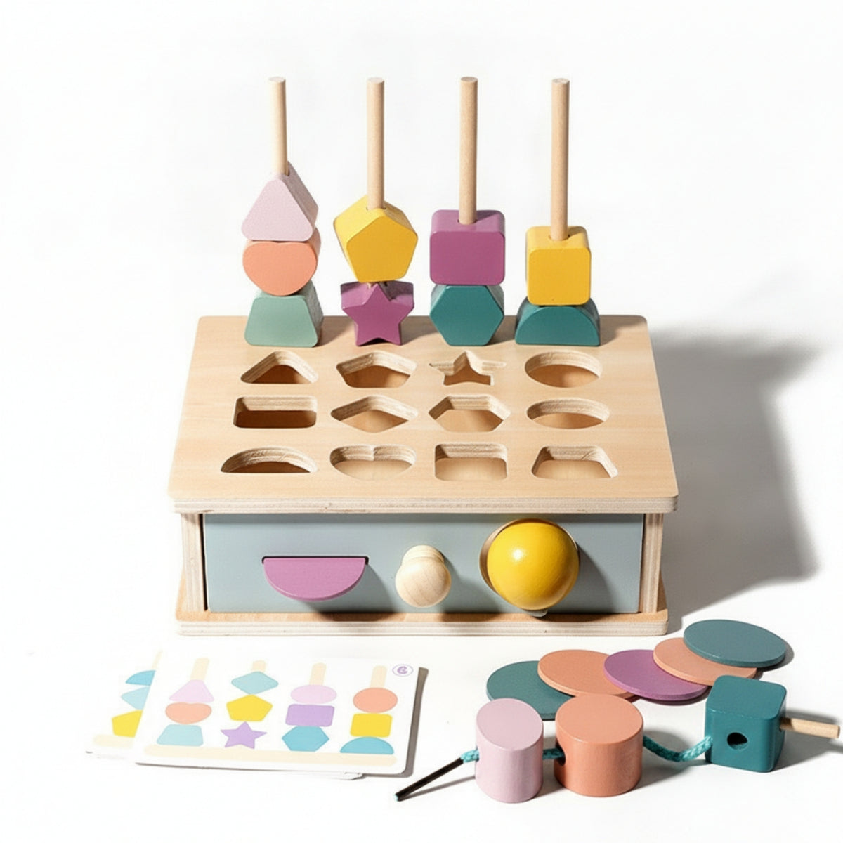 Wooden Shape-Sorting Box Drawer Shape Sorter Lacing Beads Easy to Grasp Wooden Educational Box
