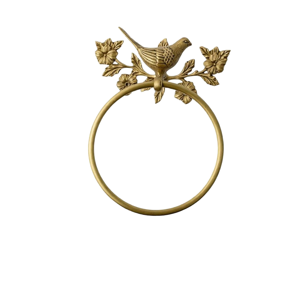 Towel Holder with Bird and Floral Motif Nature-Influenced Towel Loop with Floral Design Gold Hardware for Guest Washroom