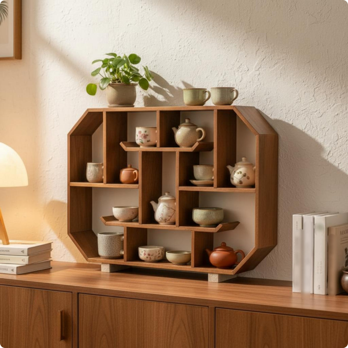 Wooden wall Display Shelf Multi-Tier Tea Cup Rack-Saving Wooden wall Shelf for Bedroom