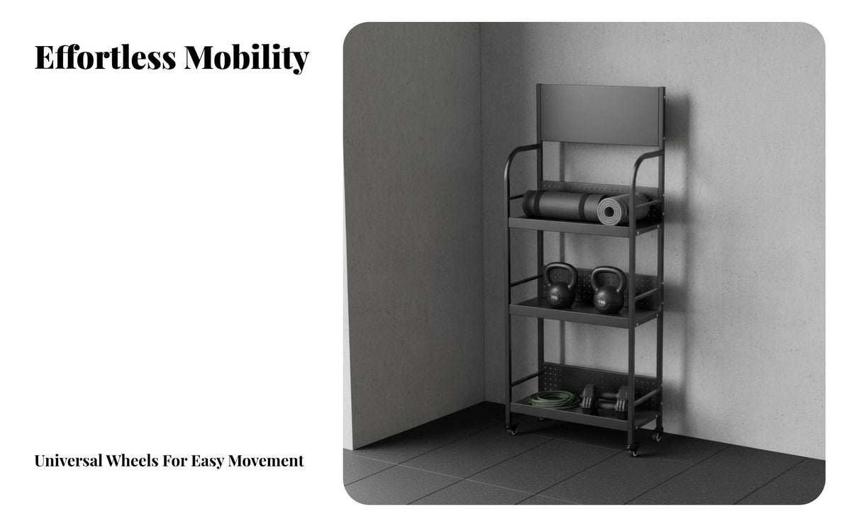 Mobile Design Dumbbell Kettlebell Storage Stand Space-Saving Home Gym Storage Rack Large Capacity Rolling Fitness Equipment Rack Sturdy Steel Construction for Garage, Apartment