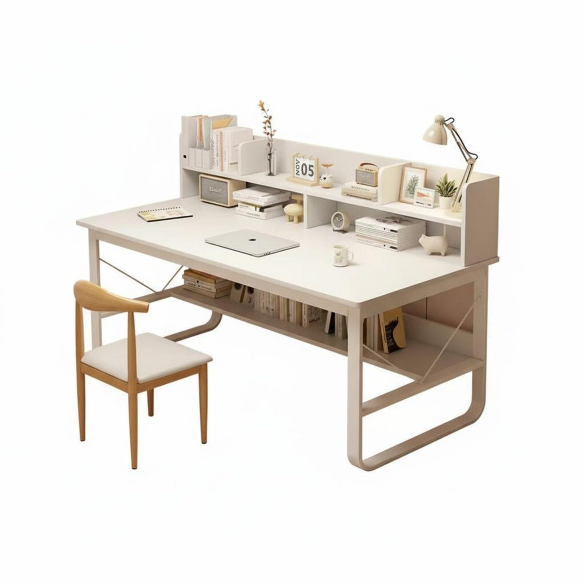 Home Office Workstation Multi-Functional Study Table with Storage Shelves Wide Desktop Writing Desk with Bookshelf for Bedroom, Small Space, Dorm Room