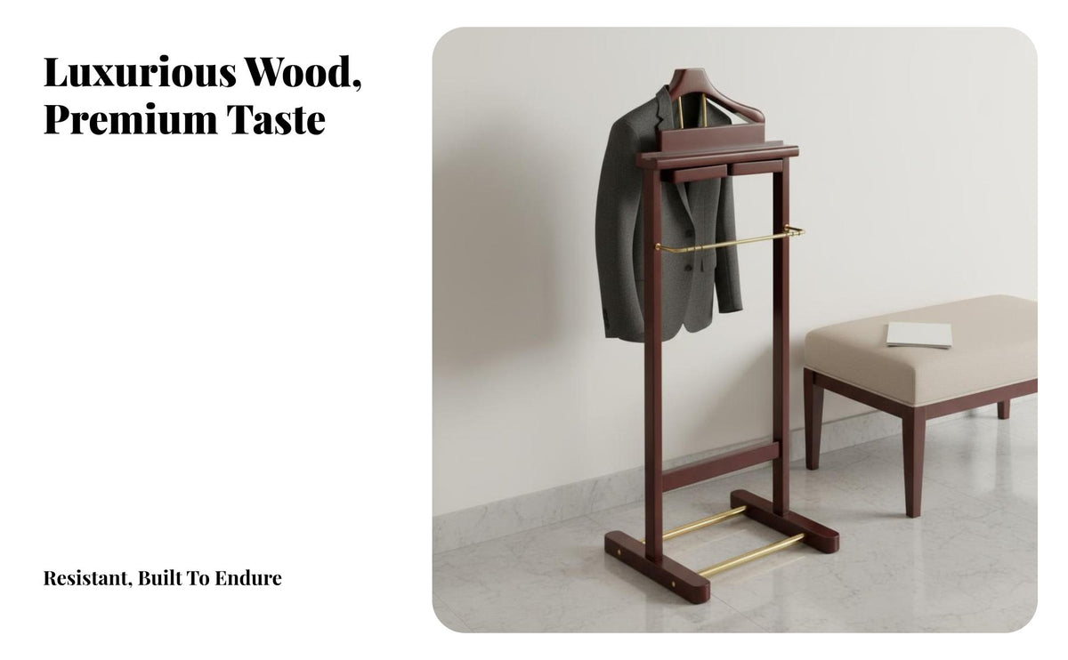Solid Wood Construction Wooden Valet Stand Elegant Design Suit Valet Stand Stable Structure Unrestricted Standing Suit Rack Multi-Functional Storage for Business Professionals, Adults, Hotel Suite, Dressing Room, Office, Walk-in Closet