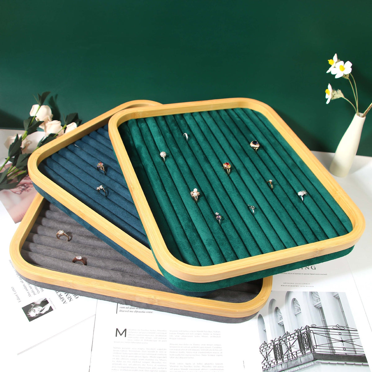 Bamboo Jewelry Tray with Ring and Earring Display, Rectangular, Solid Wood