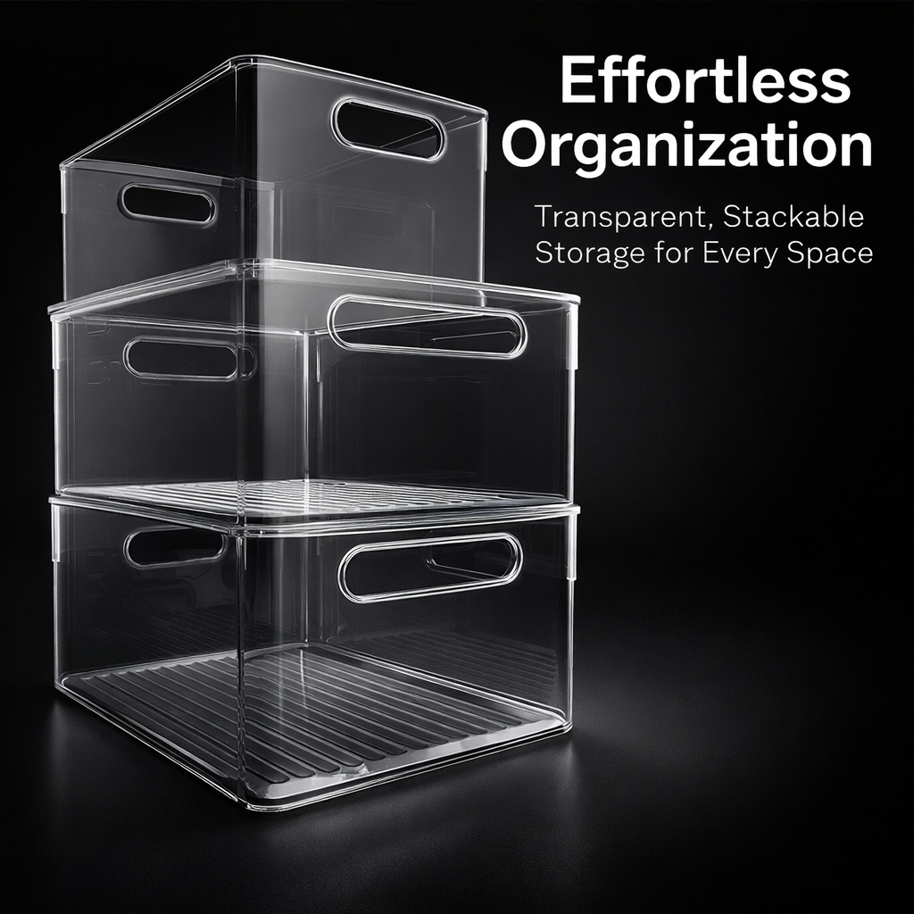 Desktop Organizer Box, Clear Acrylic Rectangular Design, Kitchen Cabinet Storage for Shelves, Bin for Office