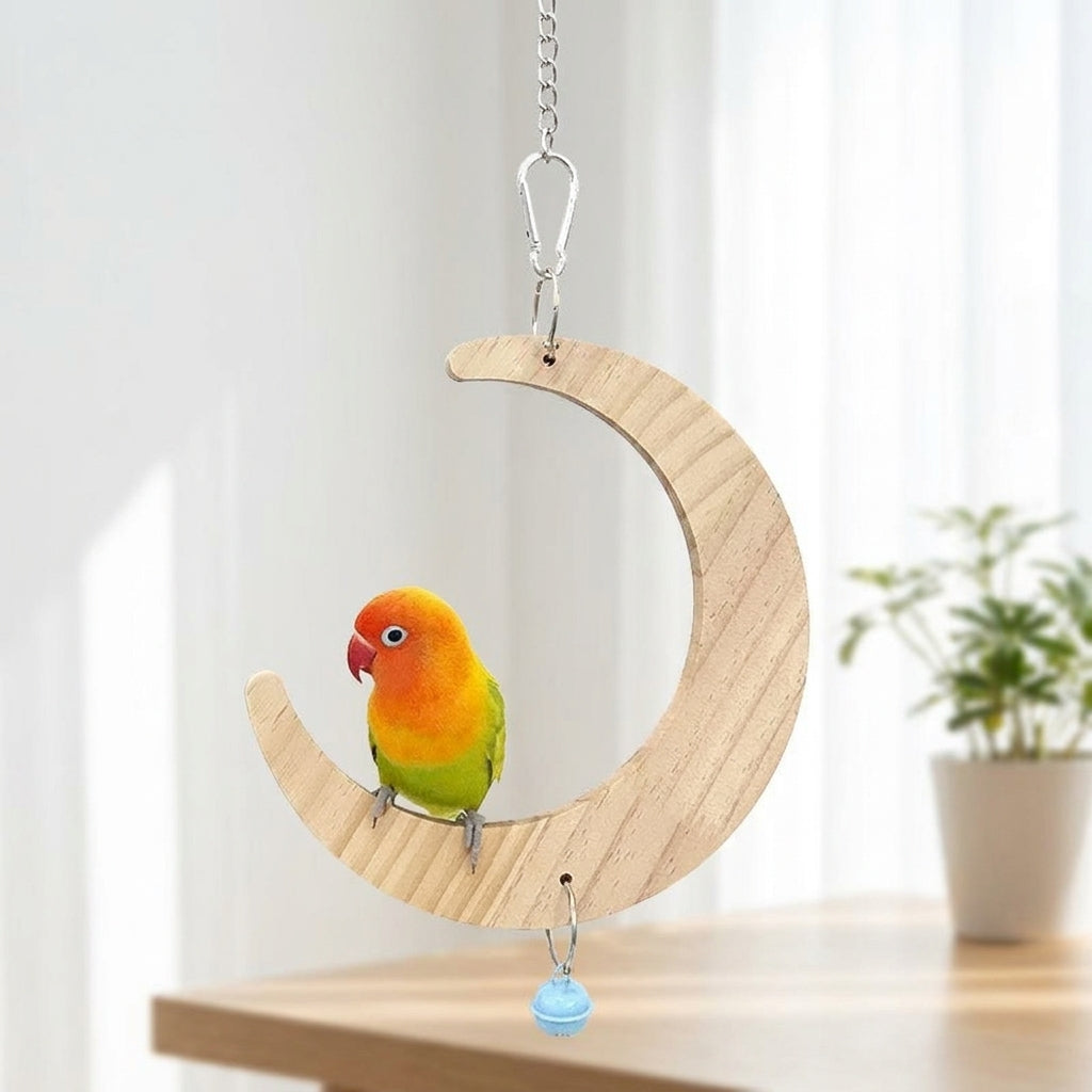 Parrot Swing and Parrot Perch with Large Moon Swing, Large Flower Mirror Cage Toy, Fir Wood Bird Swing and Wooden Perch for Small Pet Birds