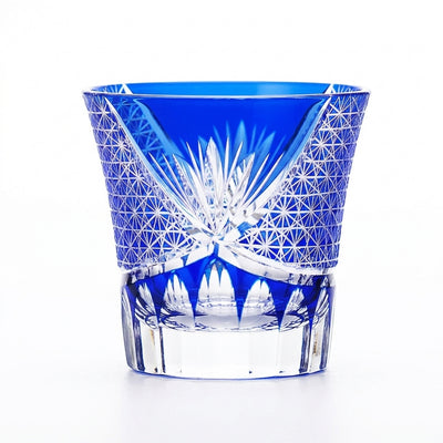Japanese Kiriko-style Crystal Whiskey Glass, Black Chrysanthemum