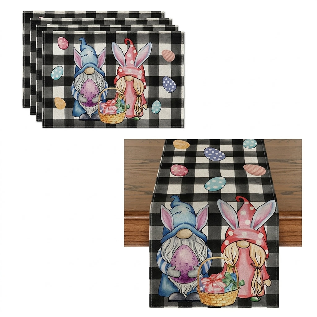 Easter Table Runner and Placemats, Linen Textile Bunny Designs for Dining Tables, Heat Insulation Mats, 33x183cm Runner