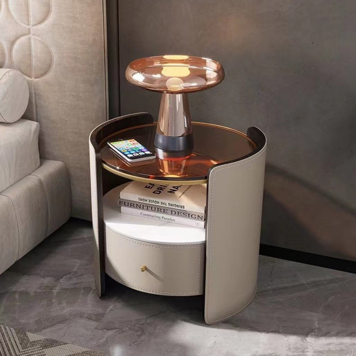 Cylindrical End Table Single-drawer Nightstand Modern Bedside Cabinet Italian Minimalist Wood Saddle Leather Glass Top Suitable for Apartment Dwellers Adults Small Areas Hotel Room