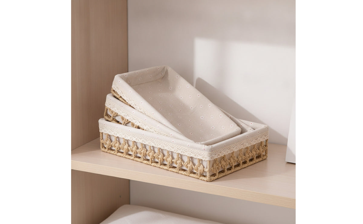 3 Pieces Woven Basket with Lining Shallow Storage Basket with Liner Elegant Wicker Tray for Drawer