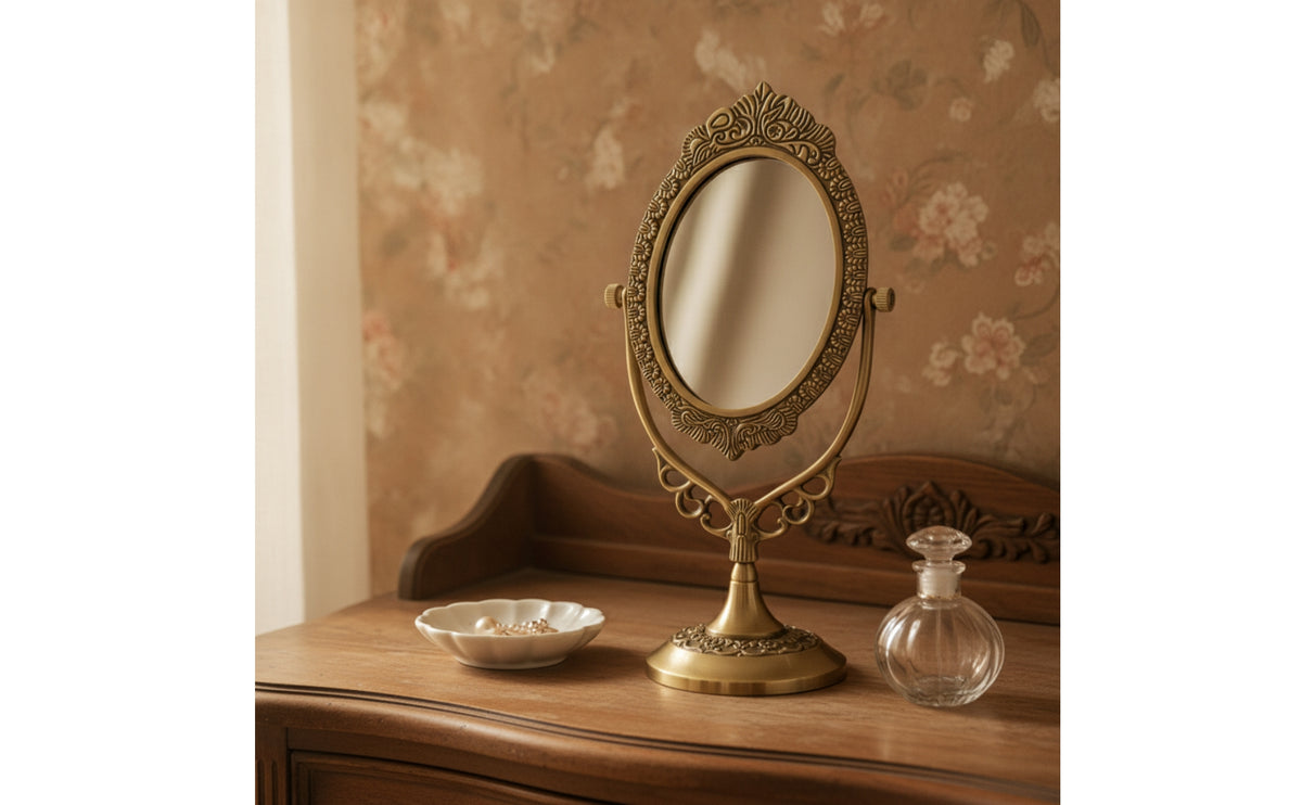 Vintage Brass Mirror with Pedestal Base Ornate Oval Vanity Mirror with Stand Gold-Toned Adjustable for Dressing Table, Bedroom