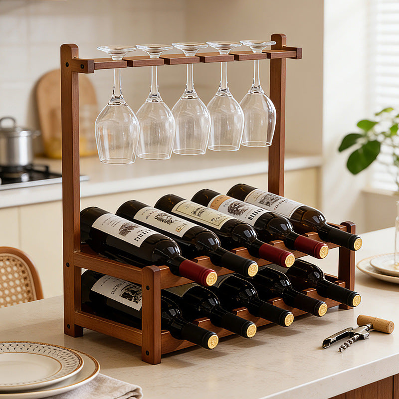 Wooden Wine Rack, Bamboo, Foldable, 1-Tier, Holds 3 Bottles, Hanging Wine Glass Rack, Display Stand