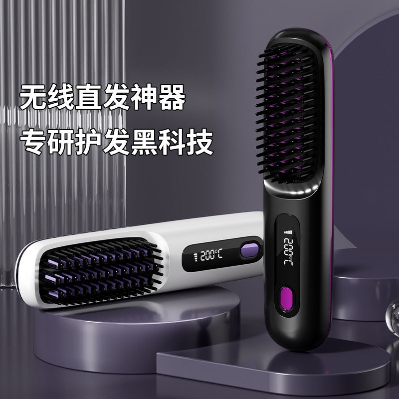 Cordless Ceramic Hair Straightening Comb with LCD Display, Mini Size