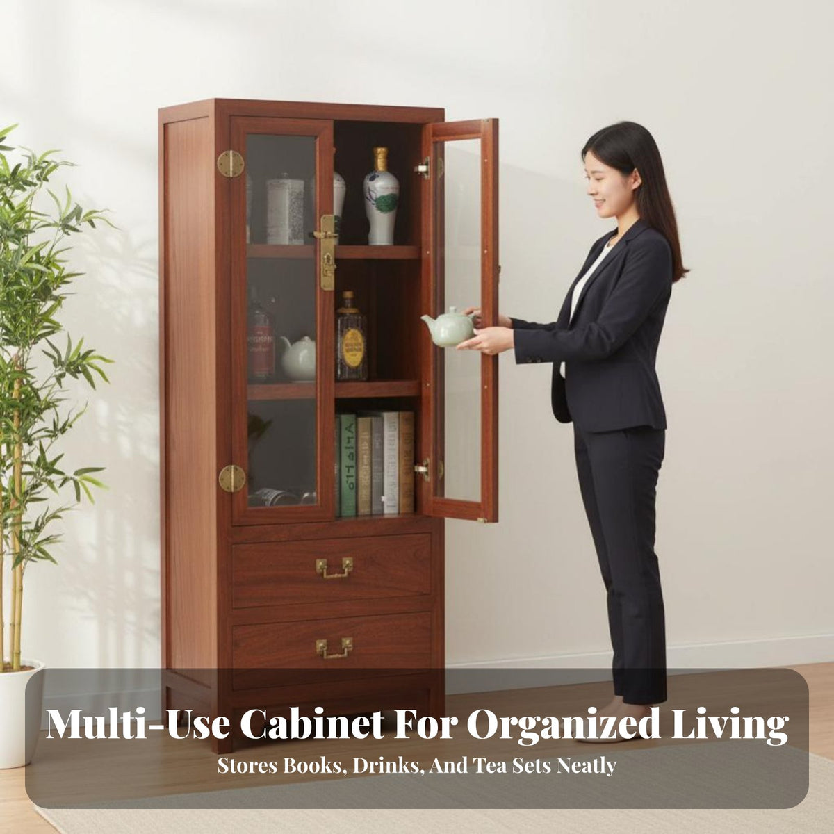 New Chinese Aesthetic & Appearance Glass Door Display Hutch Multi-Functional bookshelf Storage Furniture for Book Lovers, Collectors, Homeowners, Foyer, Living Room, Office